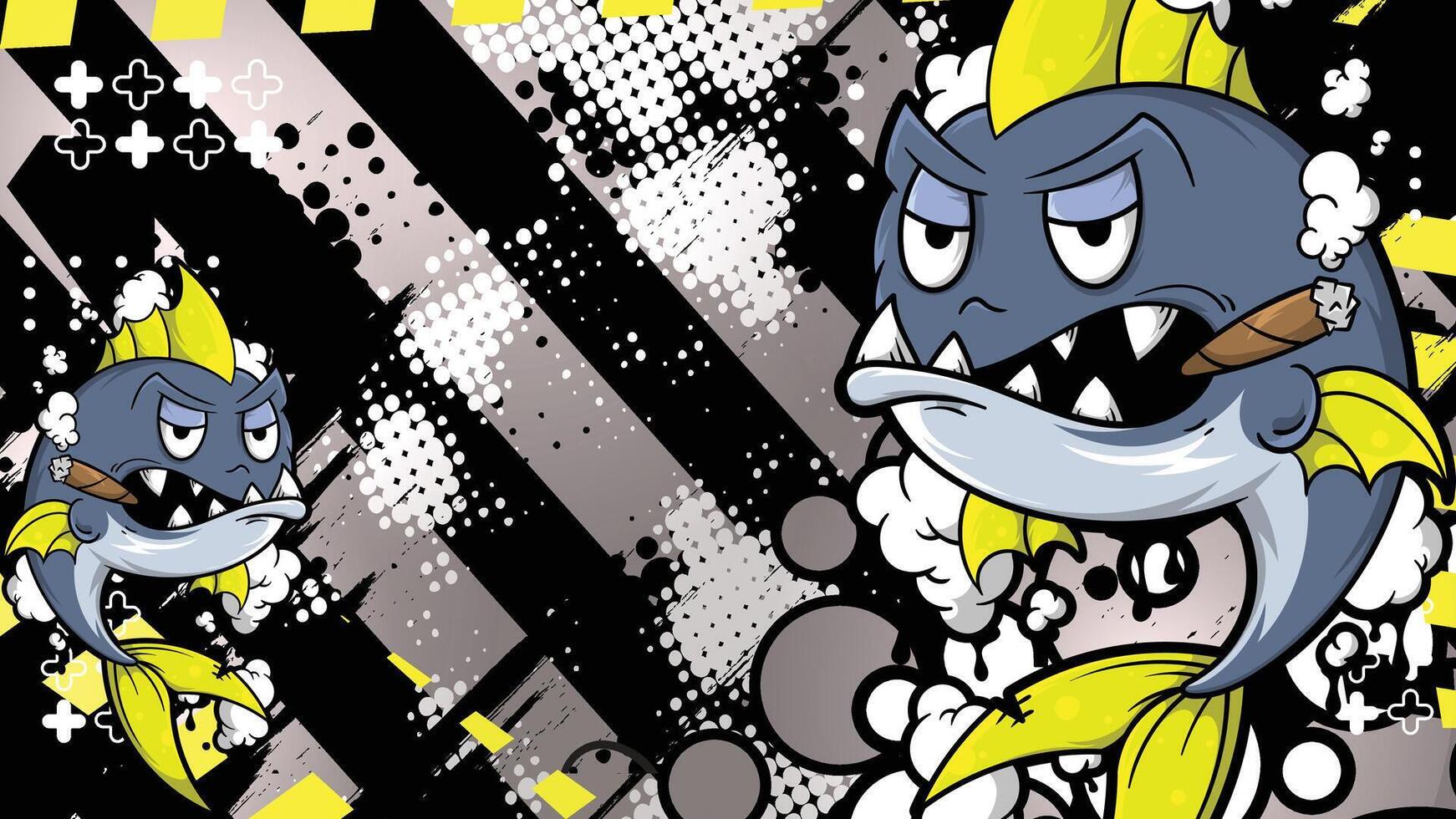 cartoon fish with a cigar on a black and yellow background vector