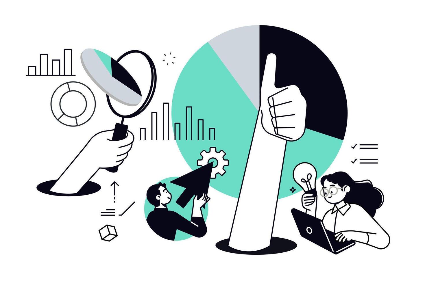 Market research and data analysis. illustration for web banner, social media banner, business presentation, marketing material. vector