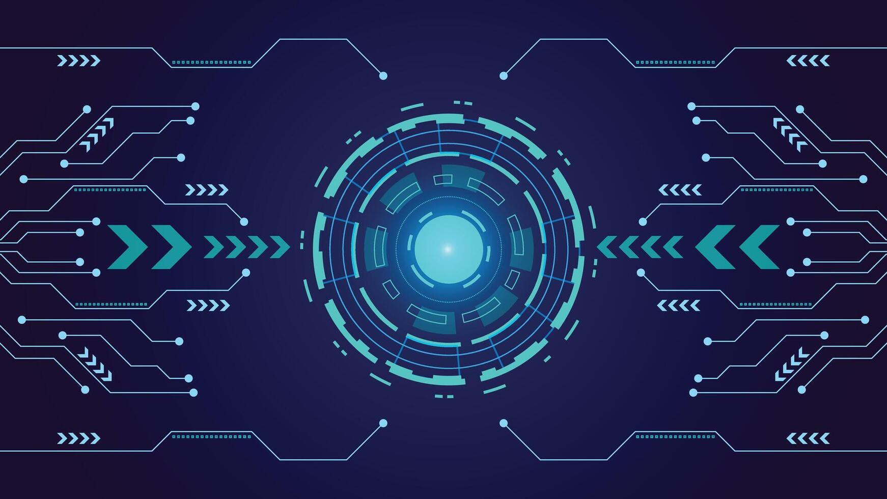 High tech background featuring a glowing circular interface and circuit lines on dark blue, ideal for digital, data, AI, or cyber themes in presentations and tech projects vector