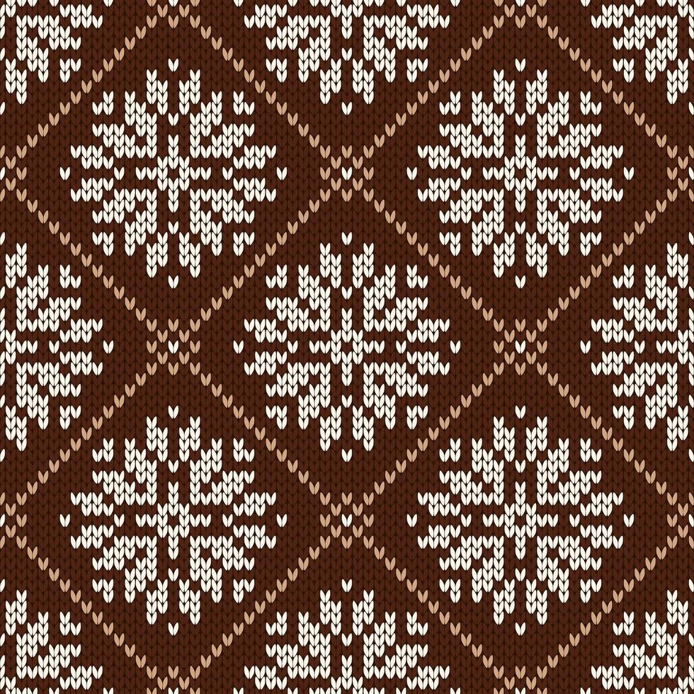 Scandinavian knitted seamless pattern. Norwegian native style sweater. Wool texture. Winter holiday brown background, illustration with snowflakes. vector