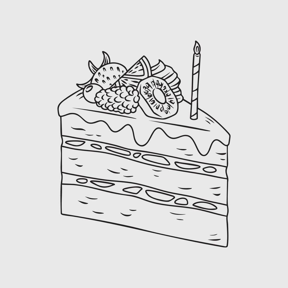 Slice of birthday cake with fruits and candle. Thin line illustration. vector