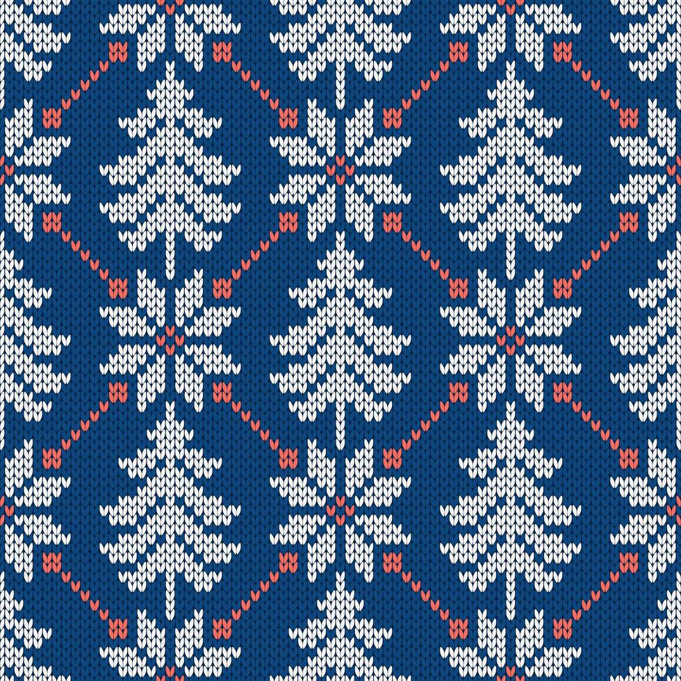 Winter traditional knitted pattern. Scandinavian style sweater. Seamless wool texture, illustration with snowflakes and Christmas trees, holiday background. vector