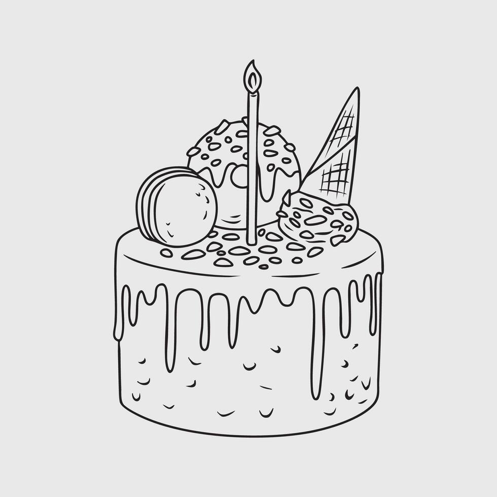 Thin Line Illustration of birthday cake with candle and sweets vector