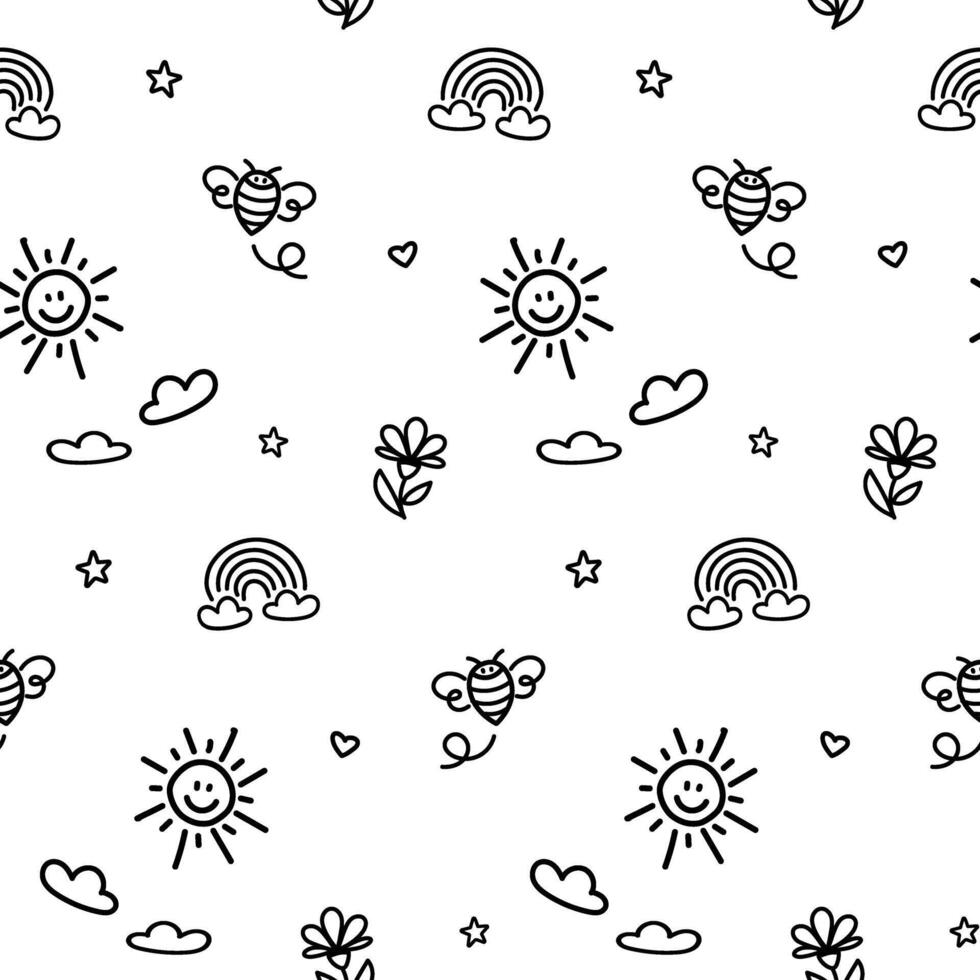 Funny seamless pattern with black doodle children drawing vector