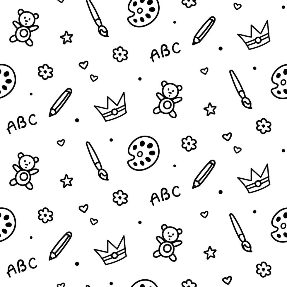 Seamless pattern with black doodle kid drawing vector