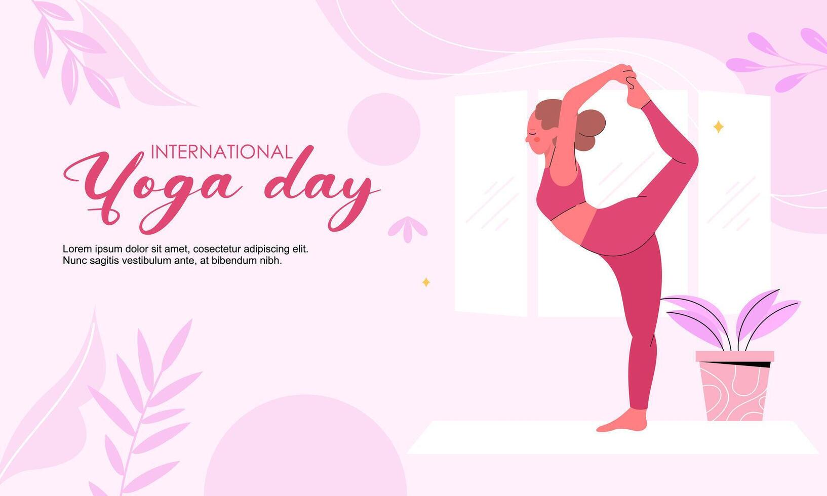 International Yoga Day Illustration with Woman in Dancer Pose Indoors on Pink Background vector