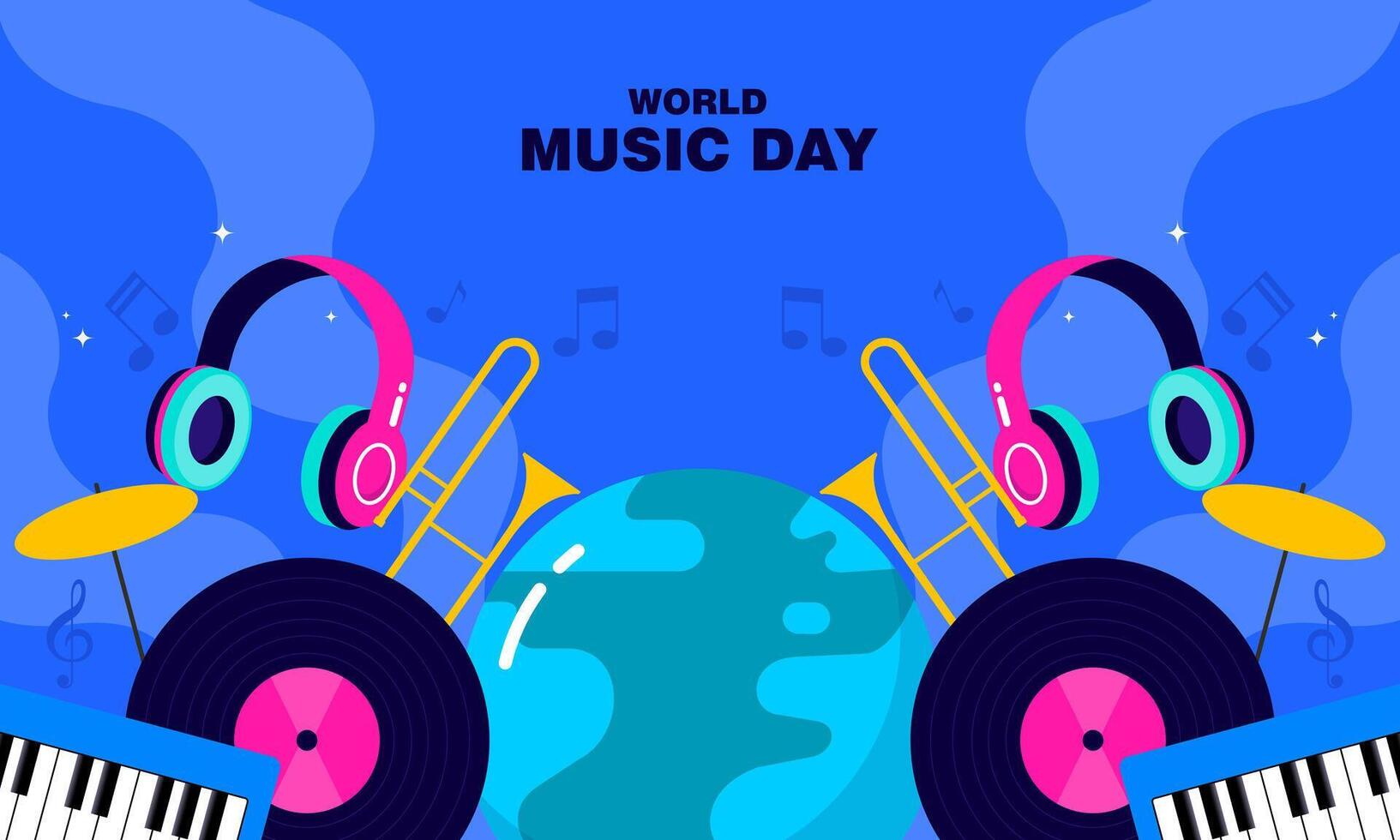 World Music Day Celebration Hand Drawn with Musical Instruments Flat Design Illustration. vector