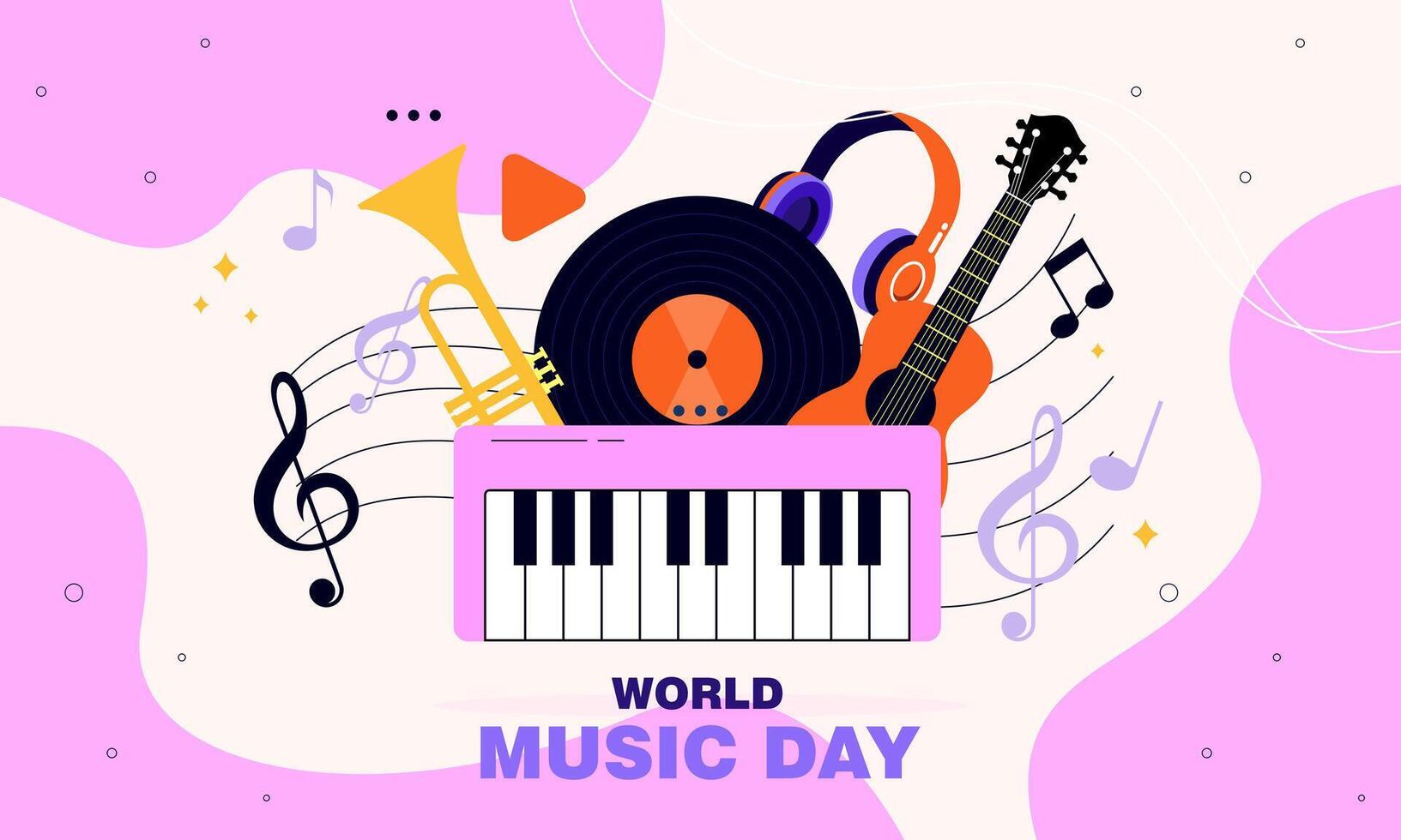 World Music Day Celebration Hand Drawn with Musical Instruments. vector