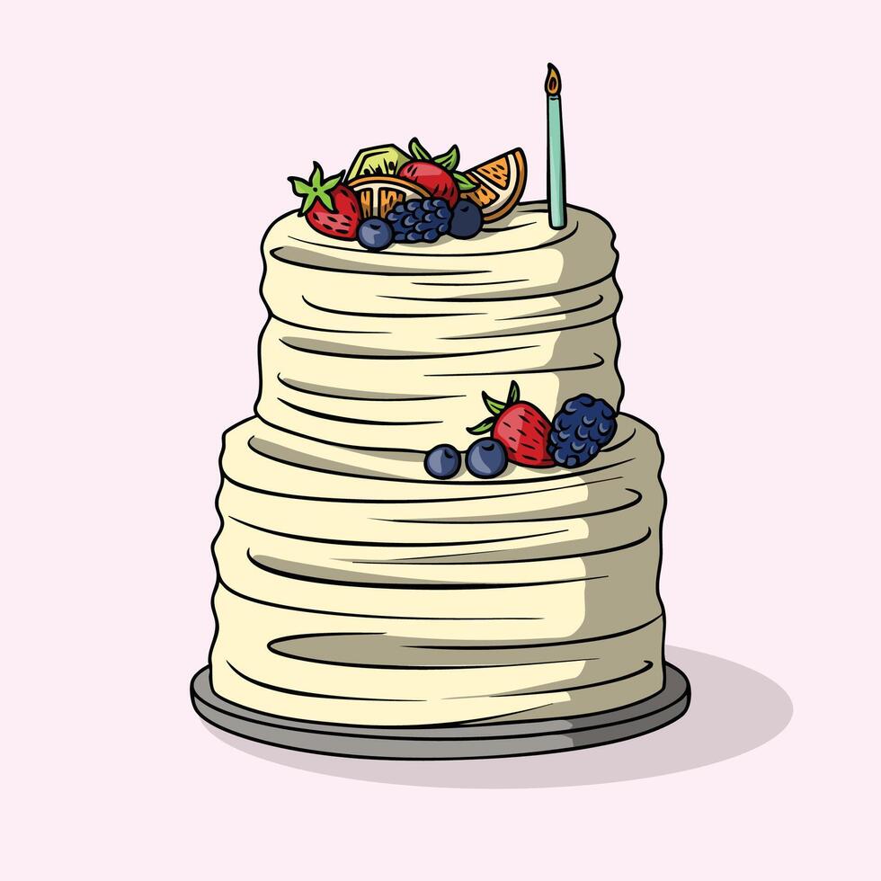 Hand-drawn birthday cake with fruit and candle for celebration. vector