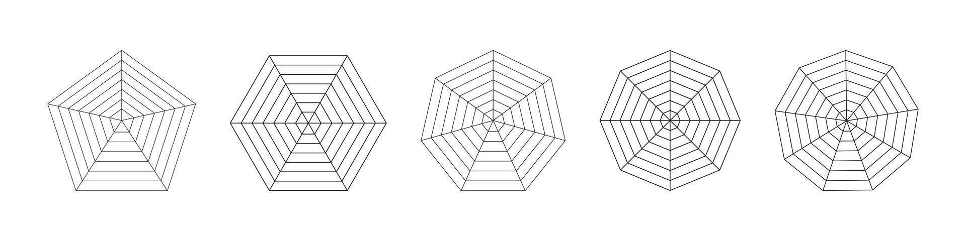 Radar, spider diagram templates. Black spider mesh patterns. Polygon graphs. Set of blank radar charts for statistic, analytic. Coaching tool. Grid with segments. vector