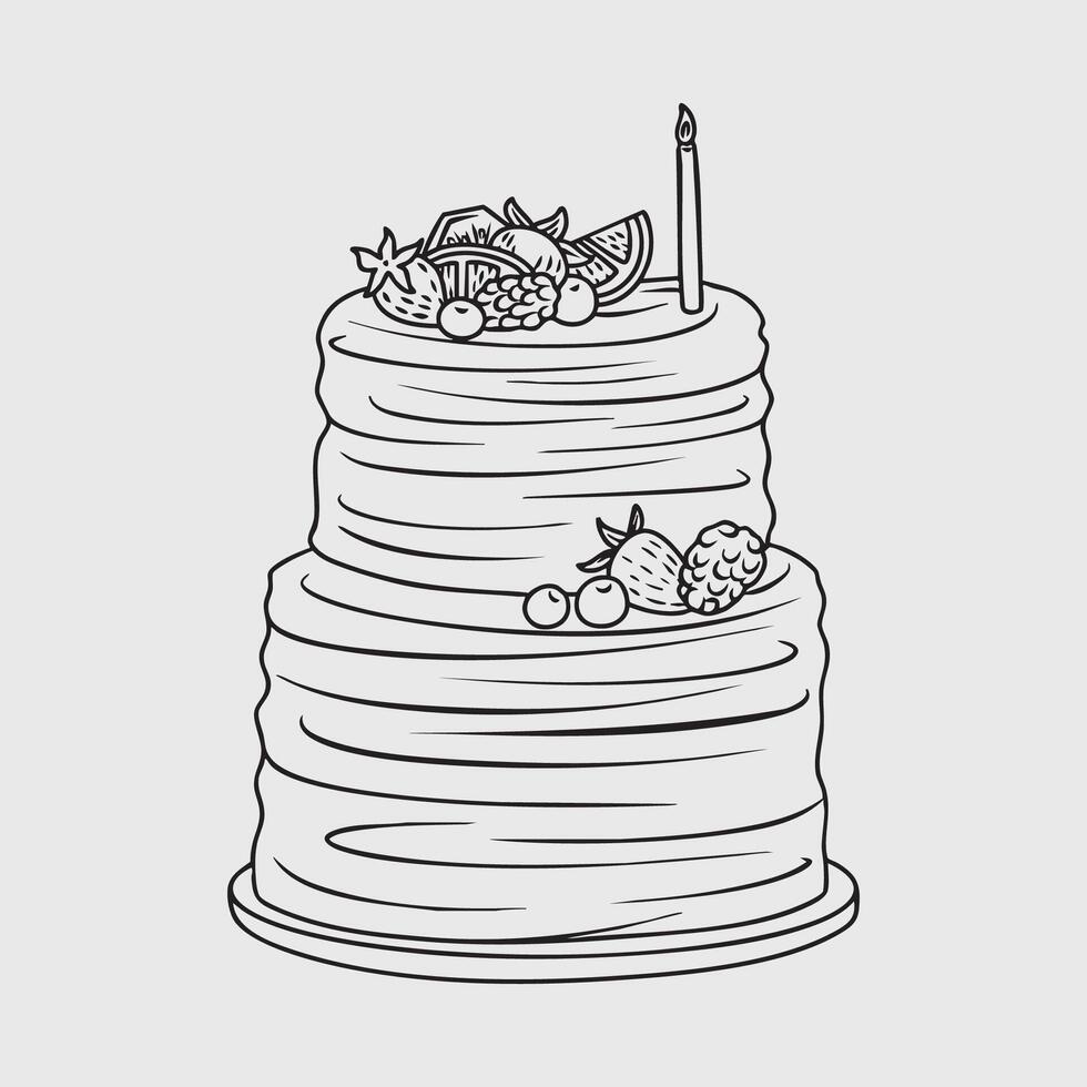 Thin line illustration of a birthday cake with fruit and candle for celebration. vector