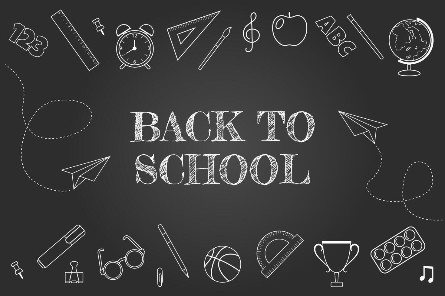 Back to school. Text on school board with chalk drawn school supplies. illustration. vector