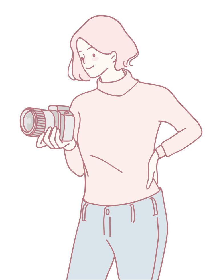 Dedicated Photography Enthusiast with a Camera Stuck in Hand, Ready for the Next Shot vector