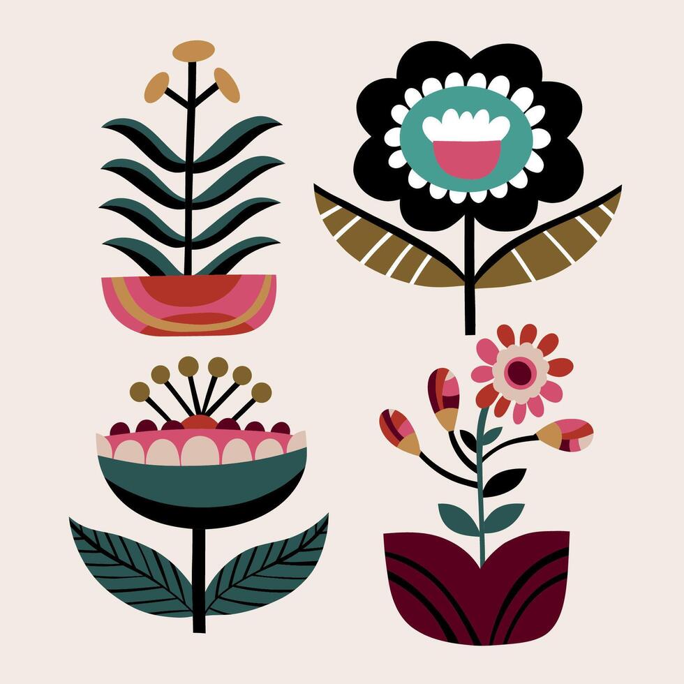 Modern Scandinavian style design elements, hand drawn flowers set. vector