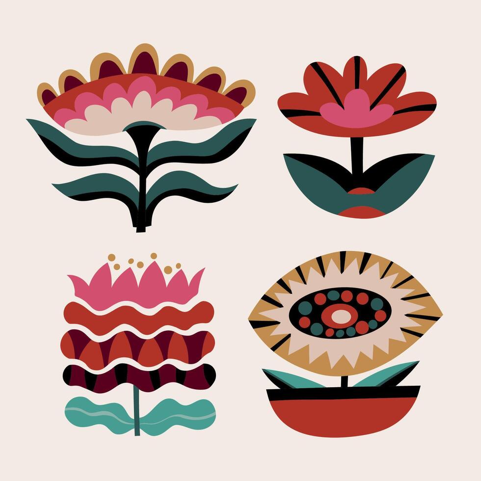 Minimalistic botanical graphic elements such flowers, simple plants floral shapes set. Modern Scandinavian style design elements. vector