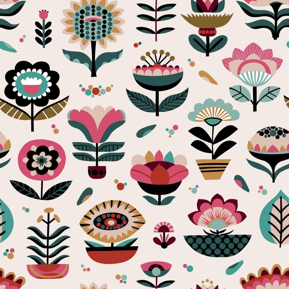 minimalistic botanical graphic seamless pattern. flowers, simple plants floral shapes as a background. Modern Scandinavian style design elements for repeatable backdrop. vector