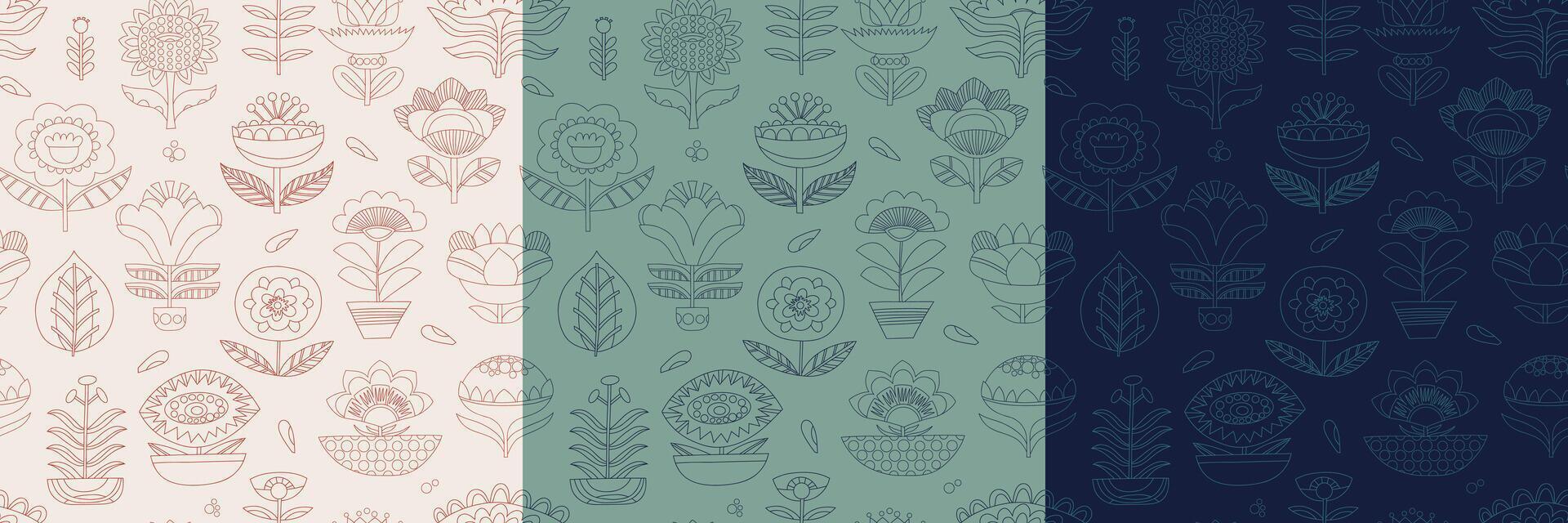 seamless linear minimalistic patterns. Geometric floral repeatable backgrounds. Folkloric motifs various color combinations. vector