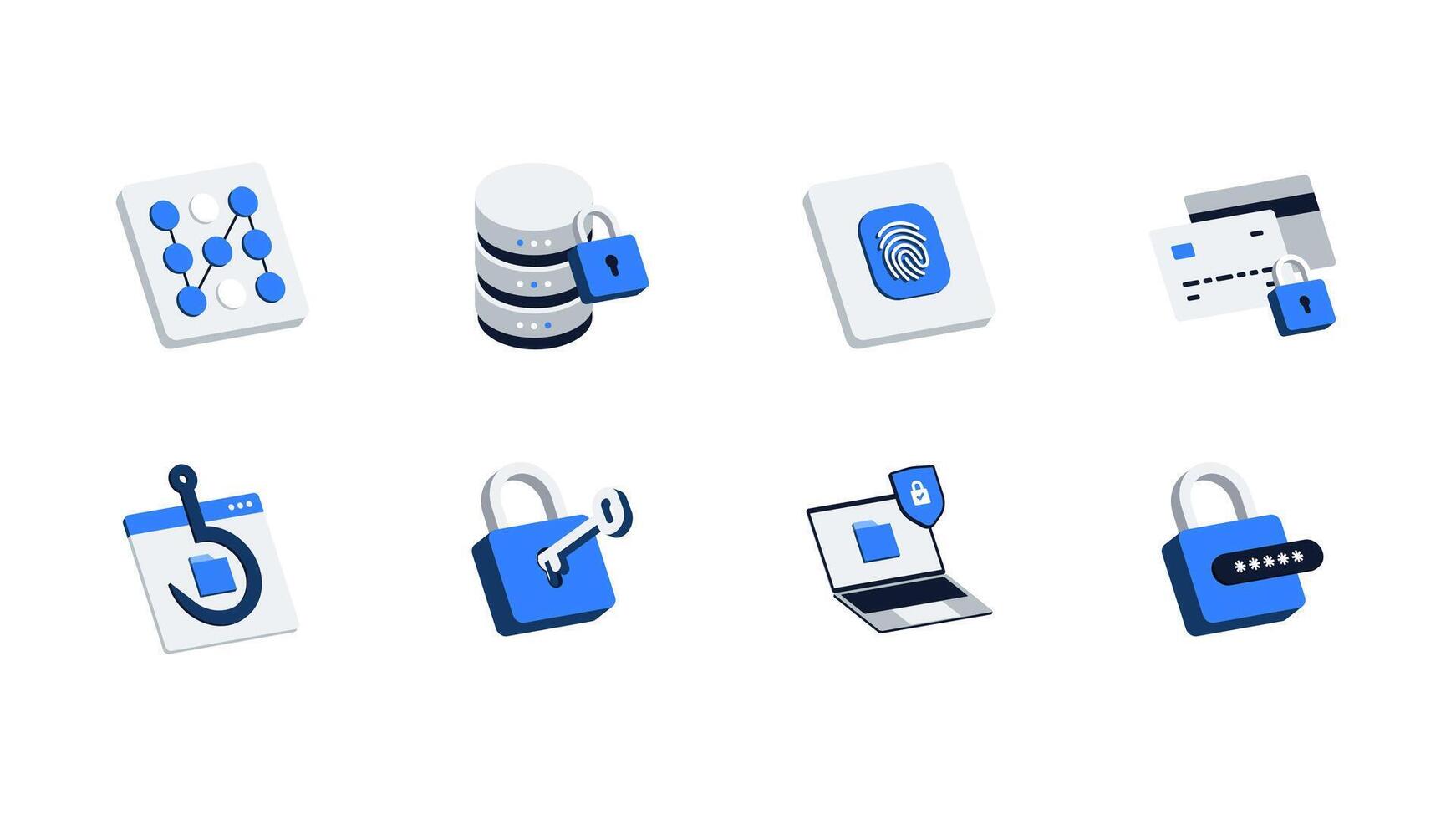 Isometric Cybersecurity Icon Set. Password, Encryption, Phishing, Fingerprint, Secure Payment, Pattern Lock. Editable for App, Web, Infographics and Animation. vector