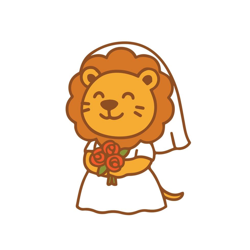 Cute Lion Bride with Roses Bouquet vector