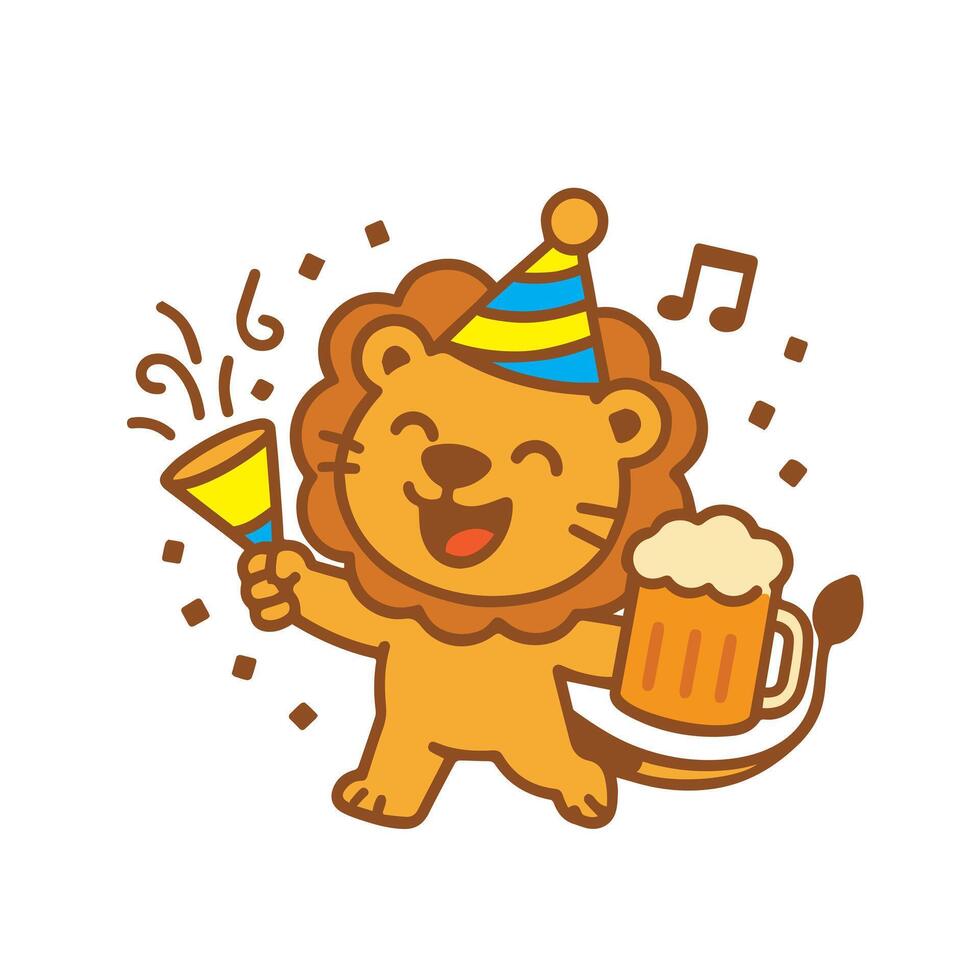 Happy Lion Celebrating with Confetti and Party vector