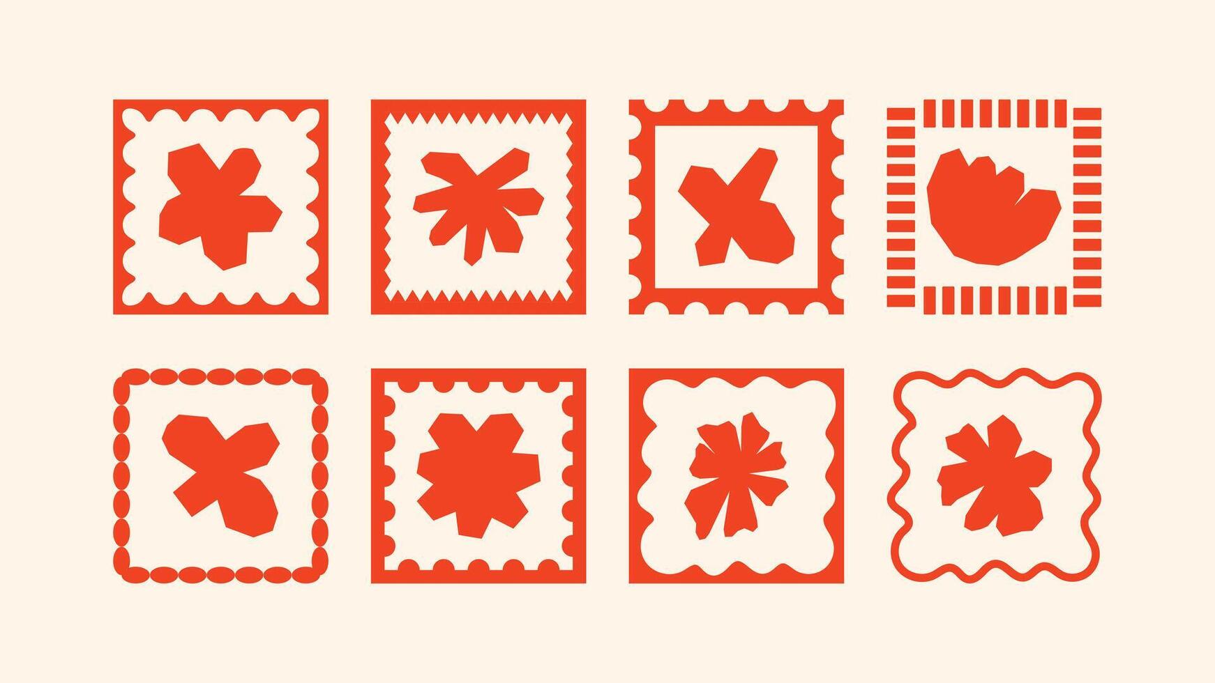 abstract floral vacation motifs, summer-themed cut out illustrations with mosaic tropical borders and naive decorative frames vector