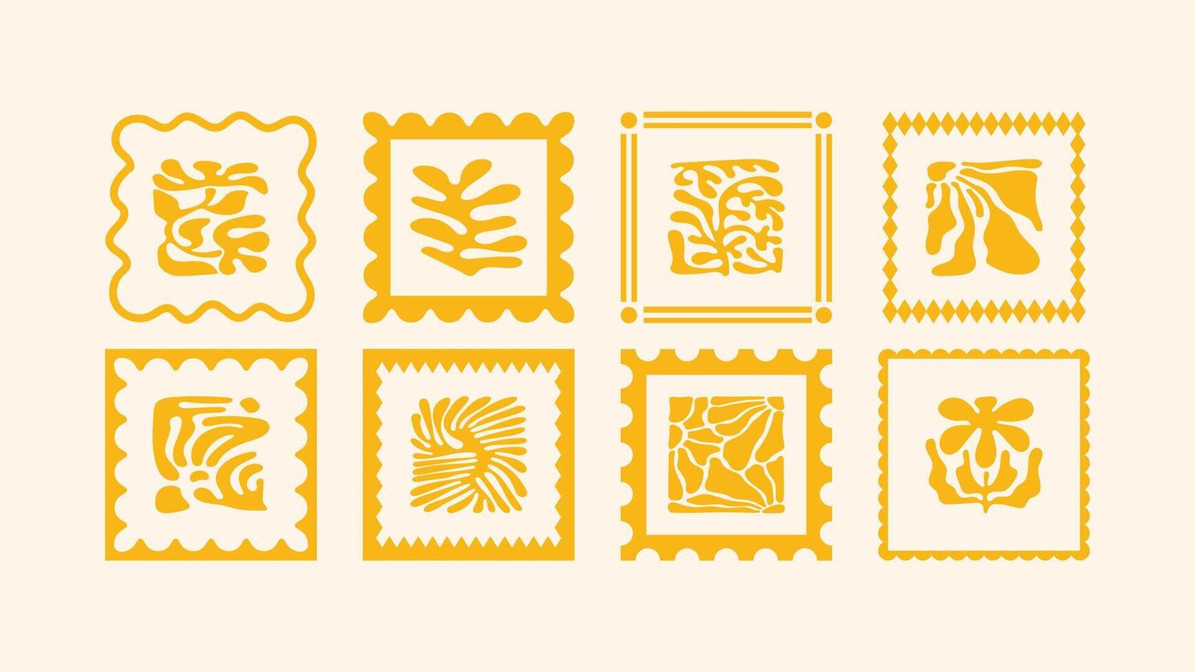 hand drawn elements, abstract floral vacation motifs, summer-themed cut out illustrations with mosaic tropical borders and naive decorative frames vector