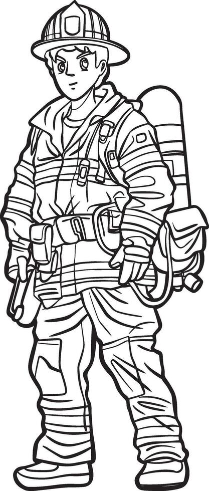 cartoon male firefighter in uniform outline vector