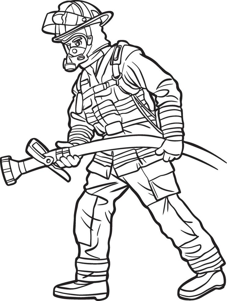 Cartoon Firefighter with Hose operation action outline vector