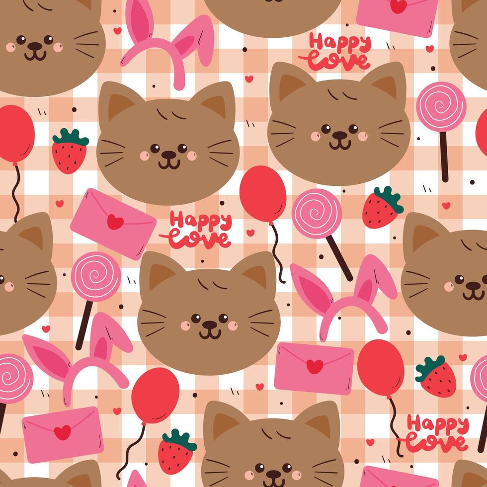 seamless pattern cute cartoon cat with cute valentine stuffs in pink checkered background. animal drawing for wallpaper and gift wrap paper vector