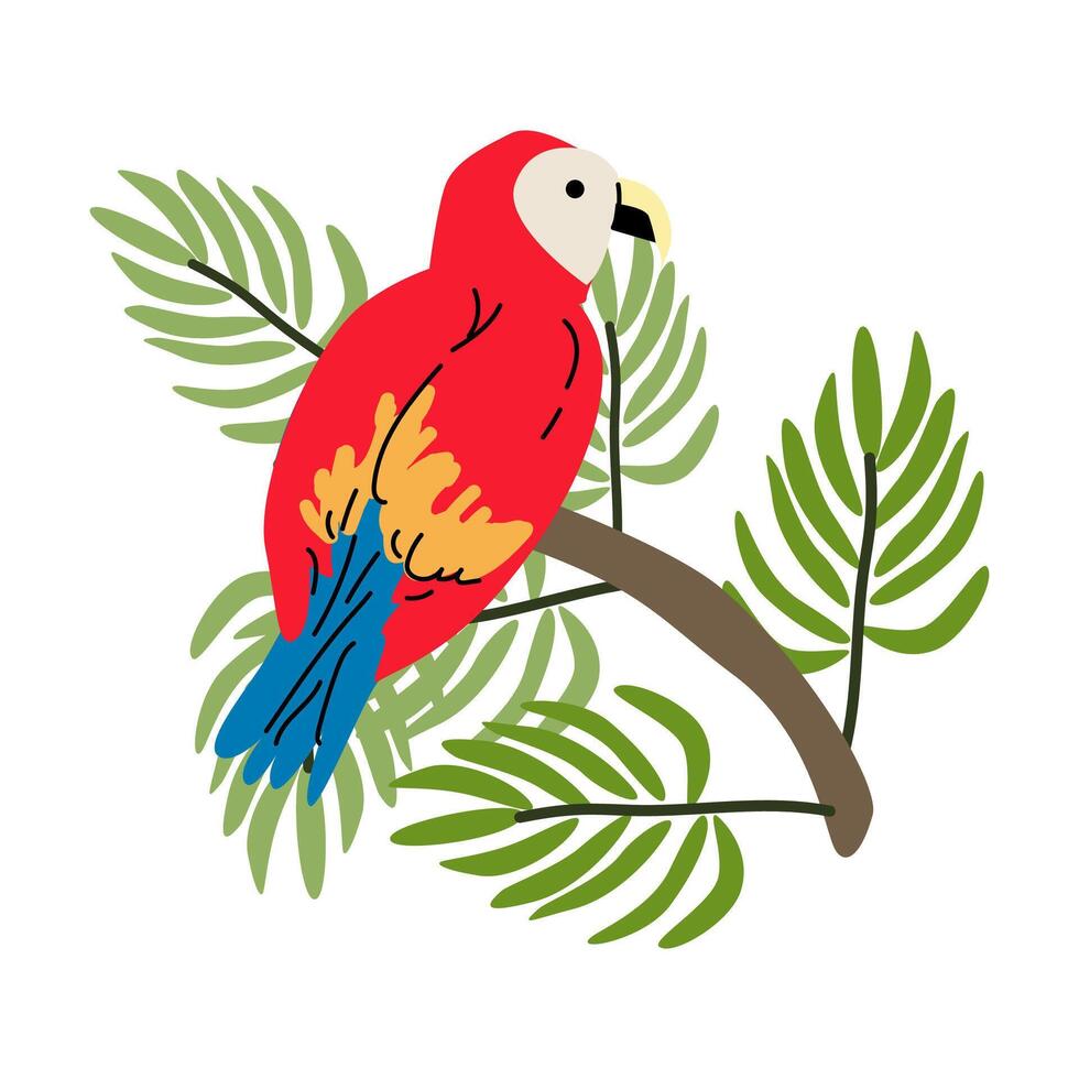 Tropical parrot perched on branch with lush green leaves vector