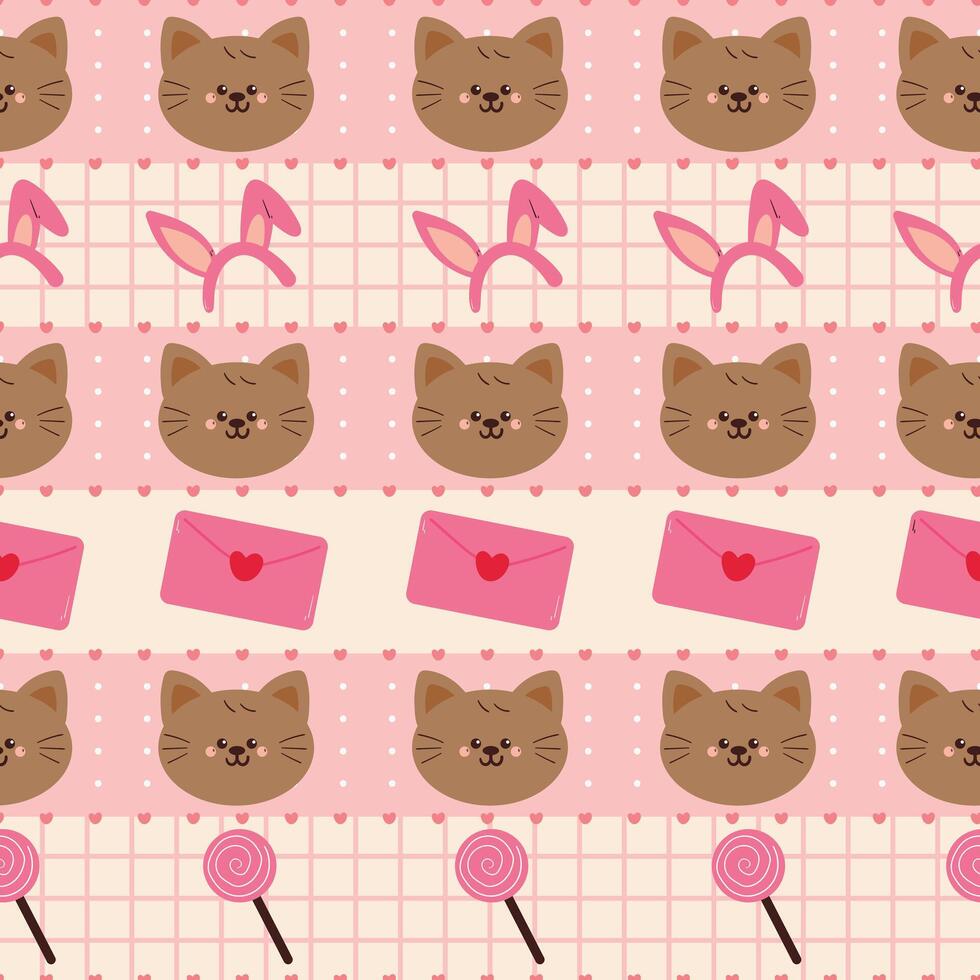 cute drawing cartoon cat and strawberry seamless pattern in stripe pattern design vector