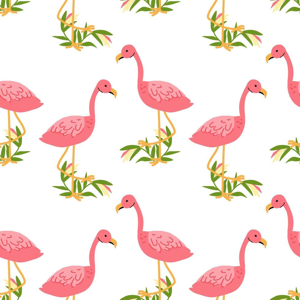 Tropical flamingo pattern with bird of paradise elements for textile design vector