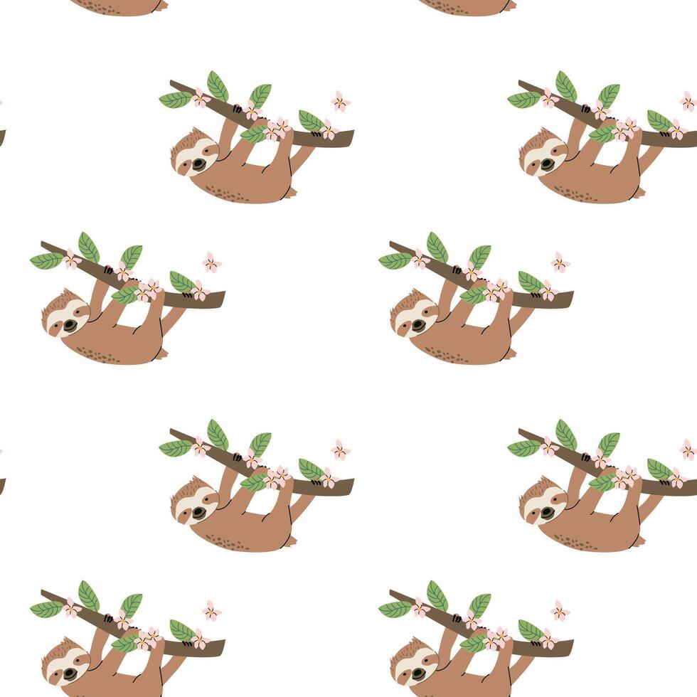 Tropical sloth pattern with butterflies and leaves for nature-inspired design vector