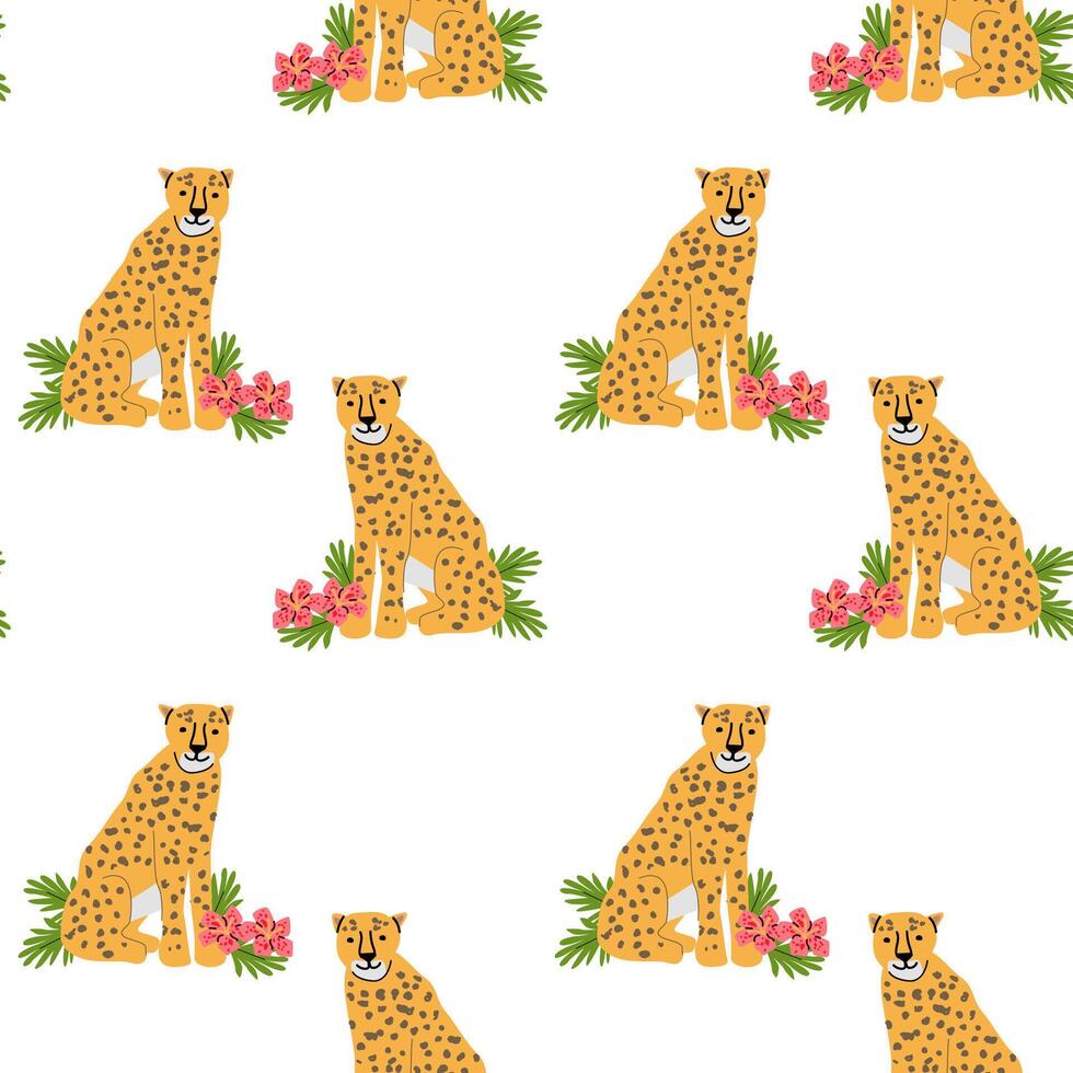 Vibrant cheetahs with tropical flowers and leaves pattern for decorative design vector
