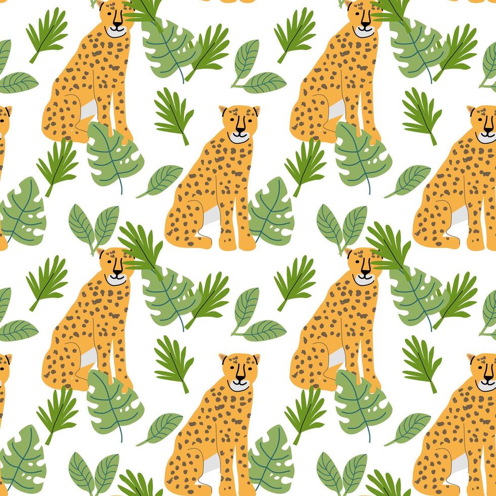 Tropical animal pattern with cheetahs and greenery for textile and wallpaper design vector
