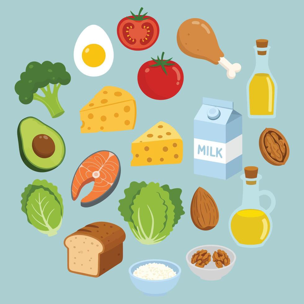 Healthy Food Variety with Vegetables, Dairy, Protein, and Grains Illustration vector