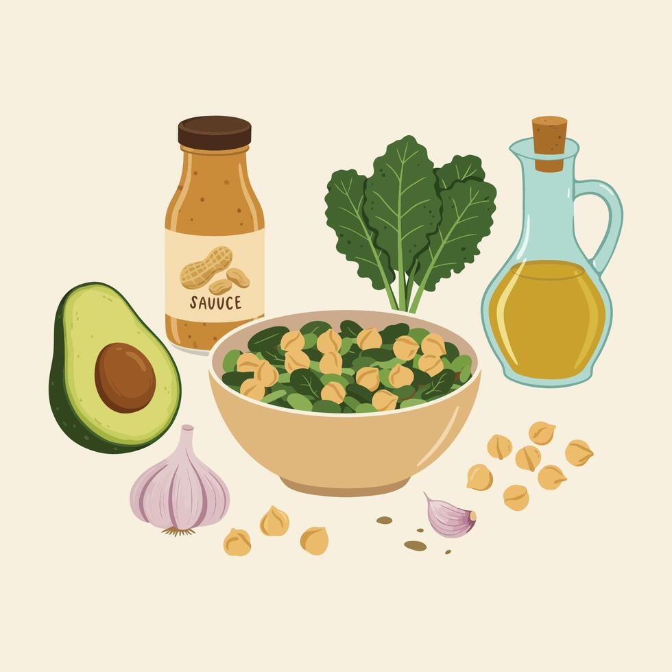 Chickpea Salad Ingredients with Avocado, Garlic, and Greens Illustration vector