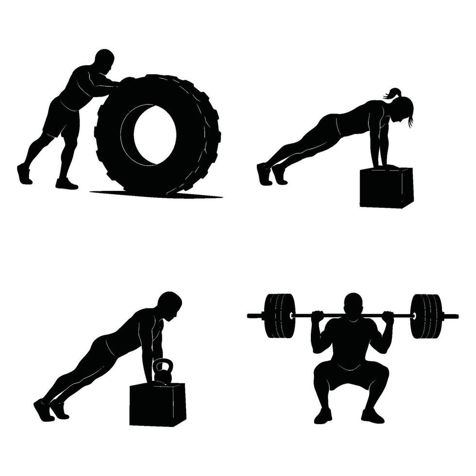 Silhouette Set of People Performing Strength Training Exercises vector