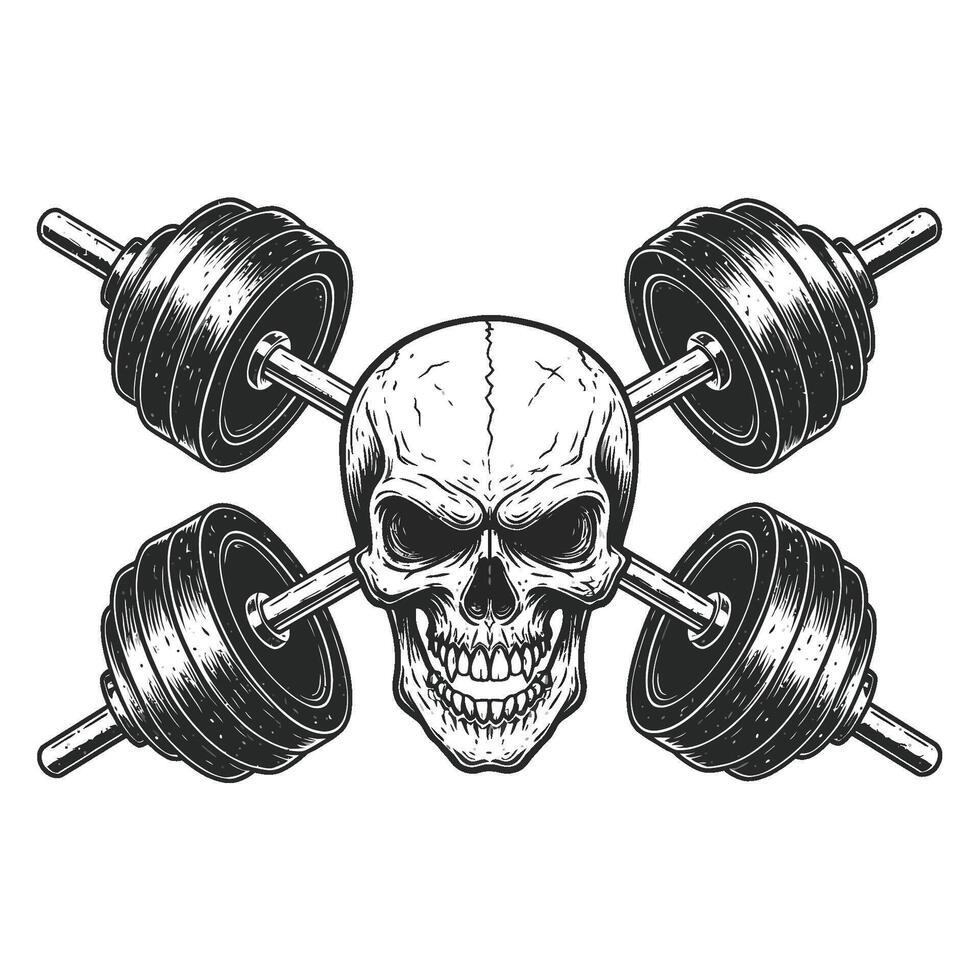 Skull with Crossed Dumbbells Fitness and Strength Emblem vector