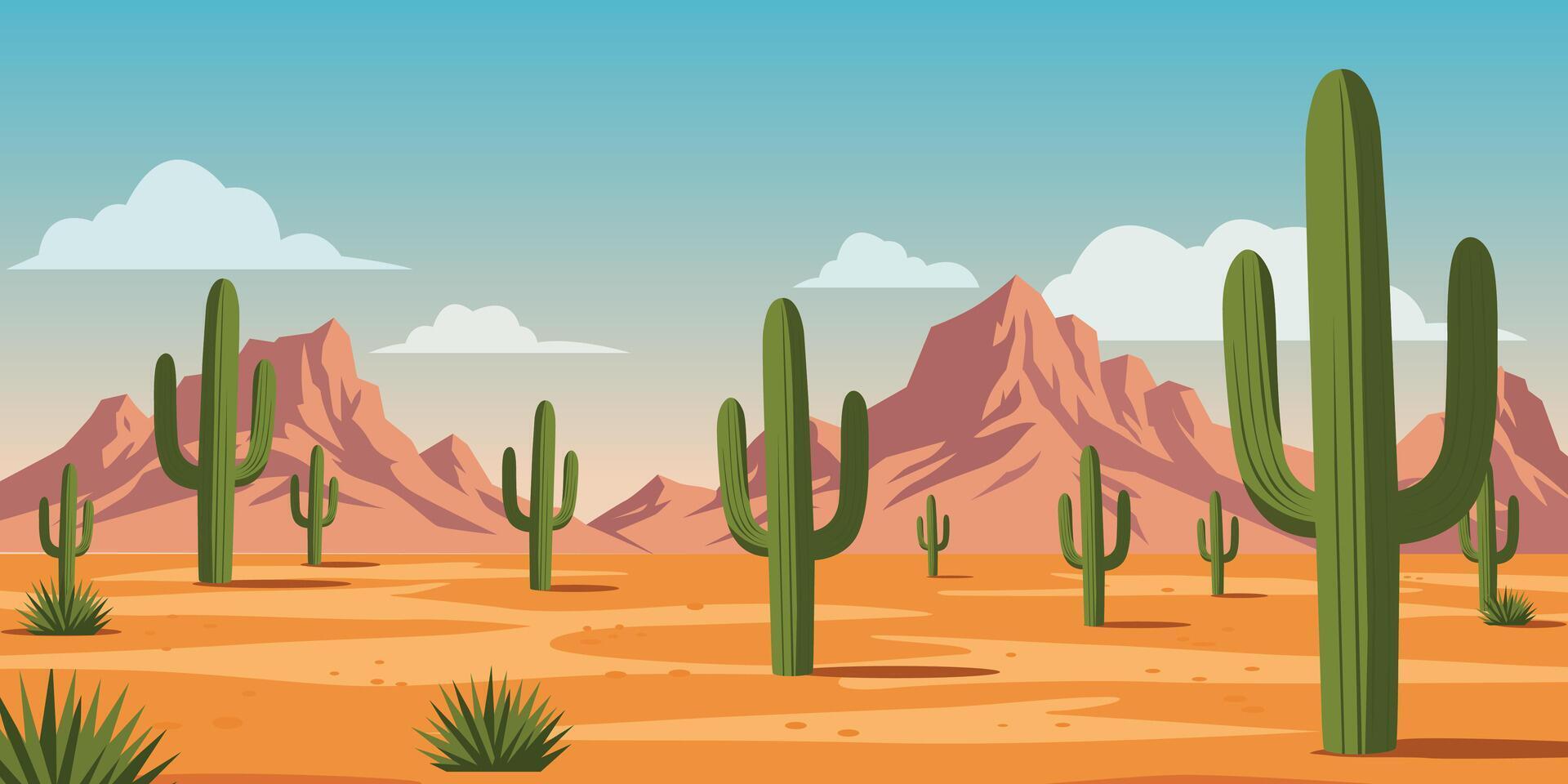 Desert Landscape with Saguaro Cacti and Mountain Background vector