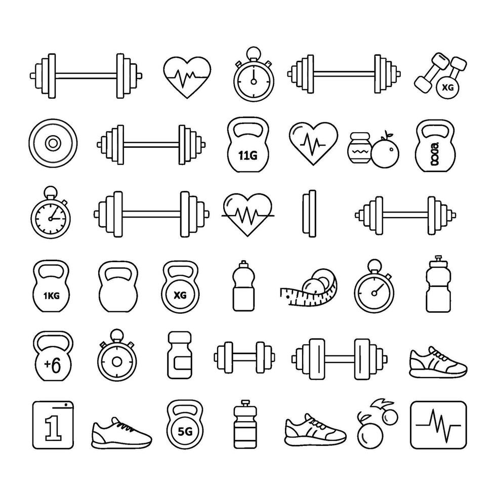 Fitness and Health Icon Set in Black and White Line Style vector