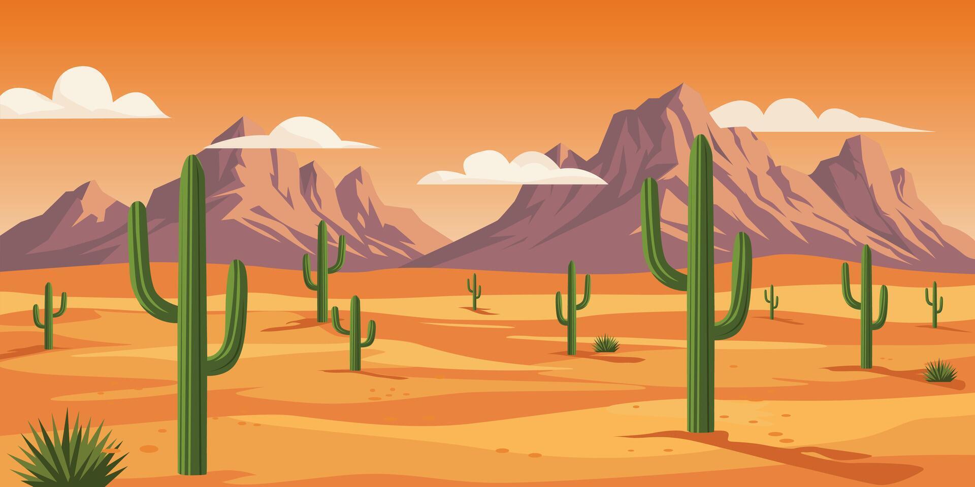 Desert Landscape with Tall Saguaro Cacti at Sunset vector
