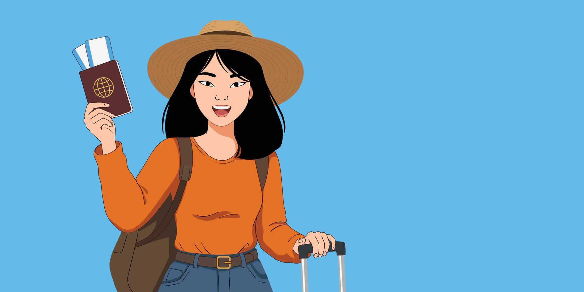 Young Woman Holding Passport and Boarding Pass with Suitcase Ready for Travel vector