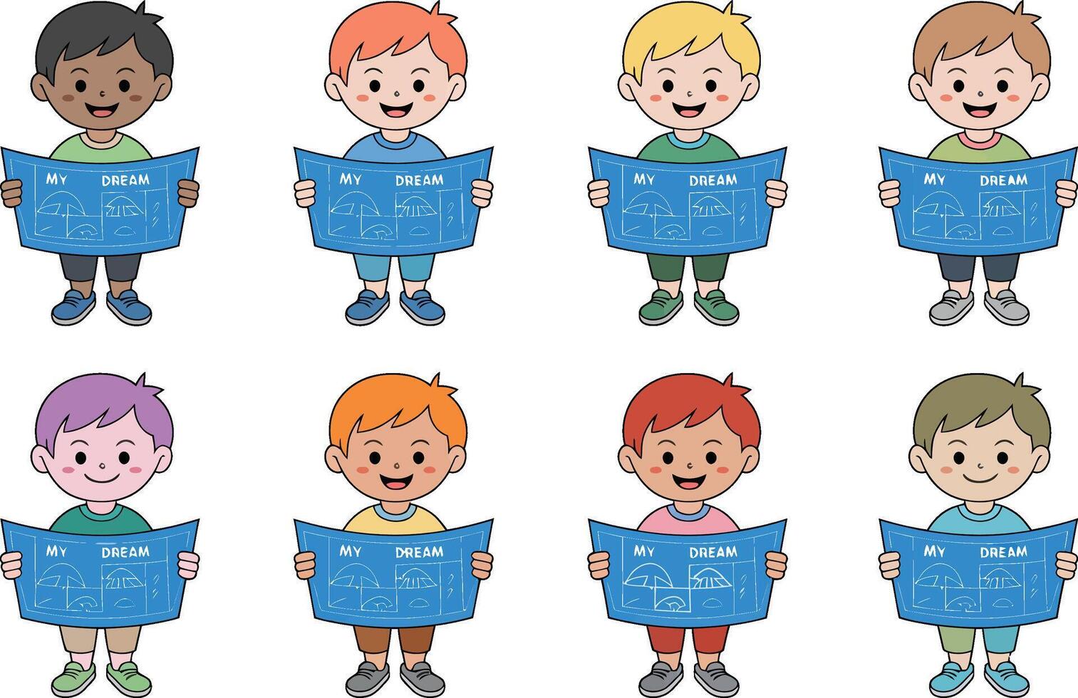 Diverse group of boys holding their dream blueprints smiling brightly illustration vector