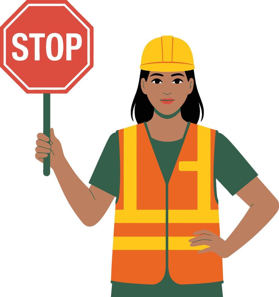 Female construction worker holding stop sign wearing safety vest and hardhat illustration vector