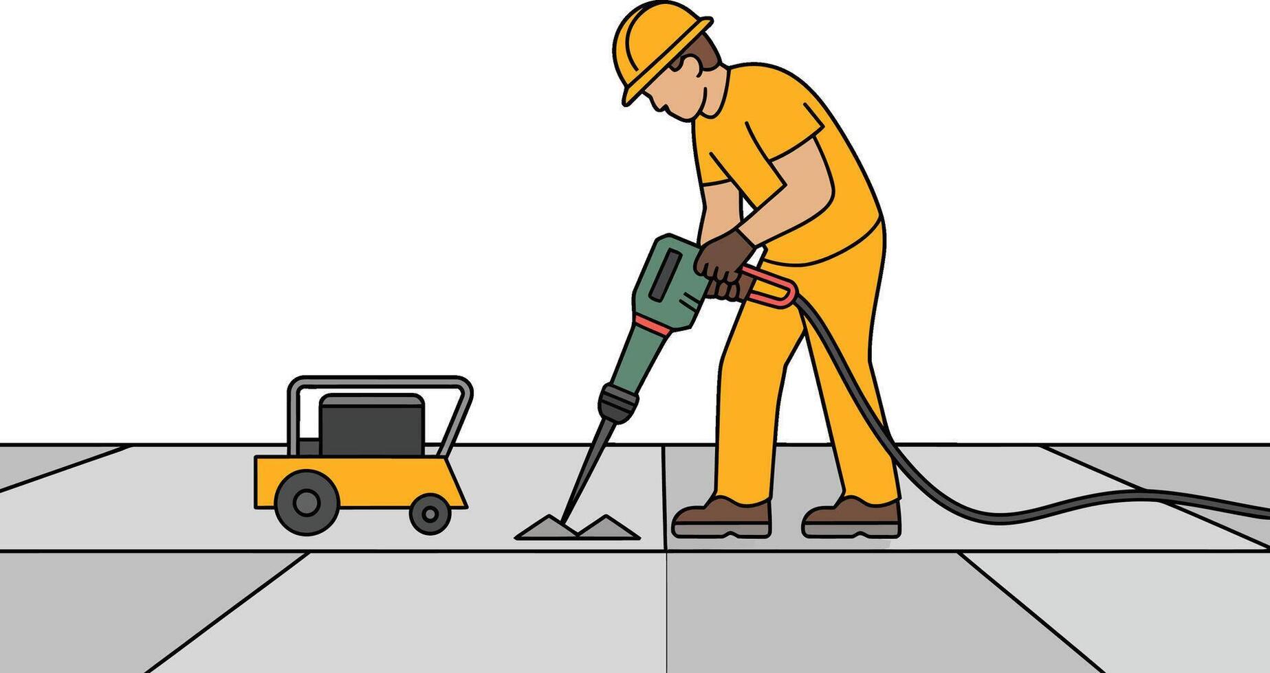 Construction worker using jackhammer on concrete pavement road construction and maintenance vector