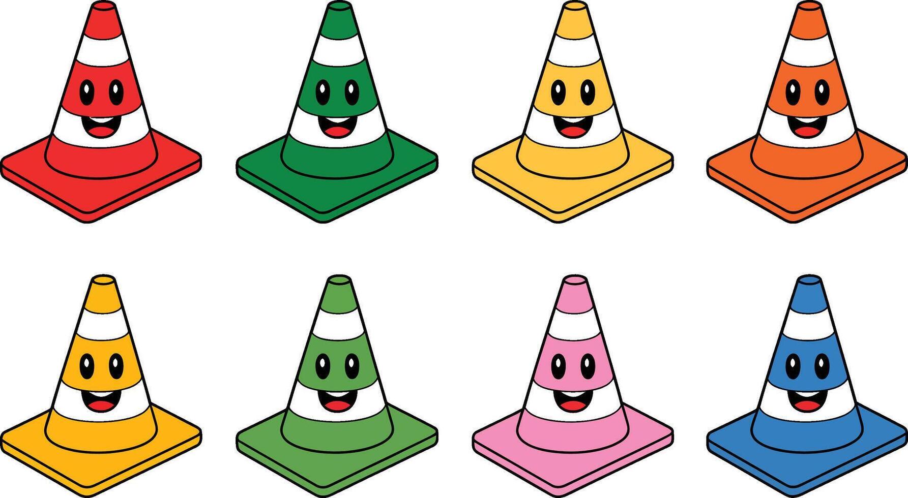 Colorful cartoon traffic cones with faces isometric view illustration vector