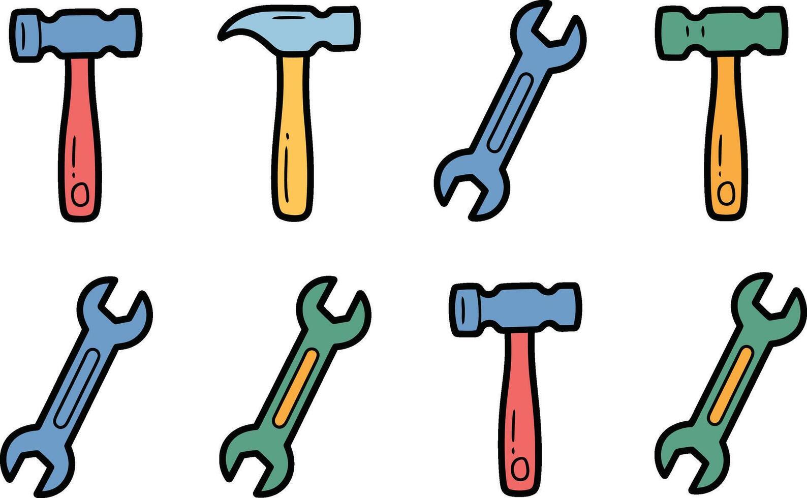 Hand drawn tools set cartoon style hammers and wrenches illustration vector