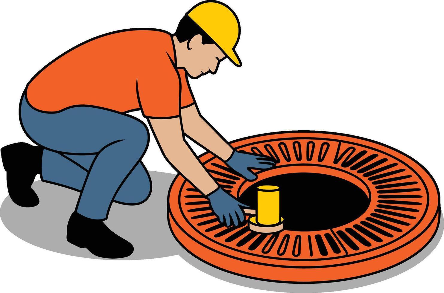 Utility worker servicing underground infrastructure manhole wearing hard hat and gloves vector