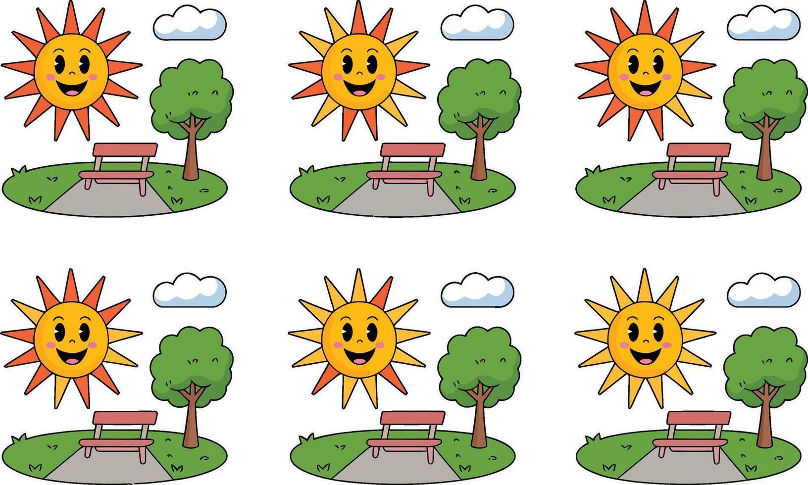 Cartoon park scene seamless pattern with smiling sun tree and bench vector